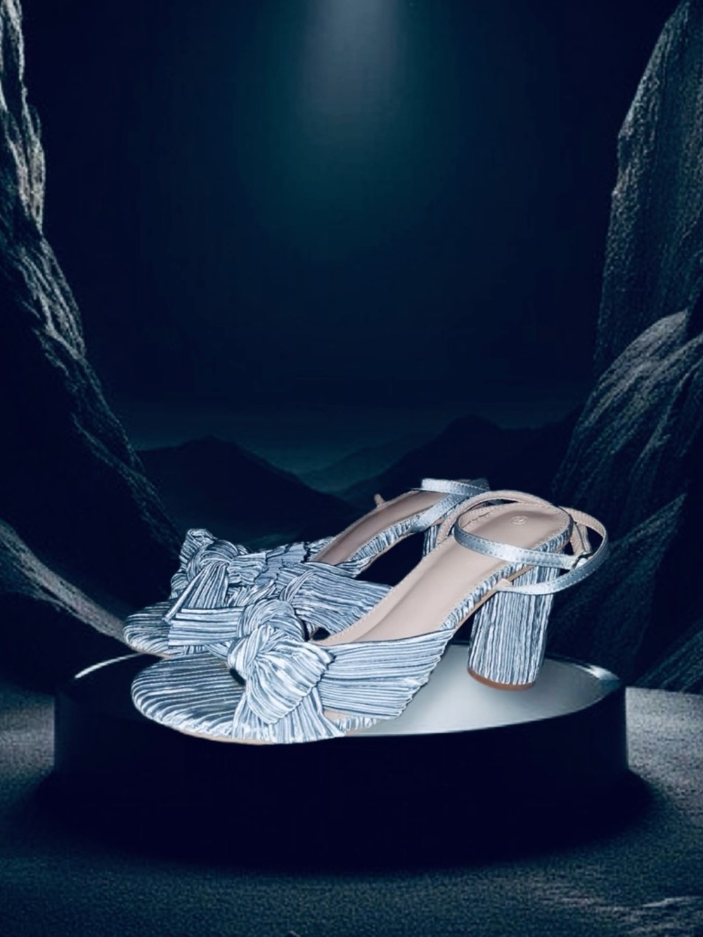 Silver Knot-Front Column Heel Ankle Strap Pleated Sandals | Women's Size 9.5